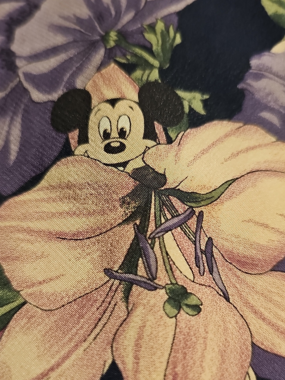 Disney Navy Floral Tie with Lavender and Green Accents With Mickey. Silk Disiney